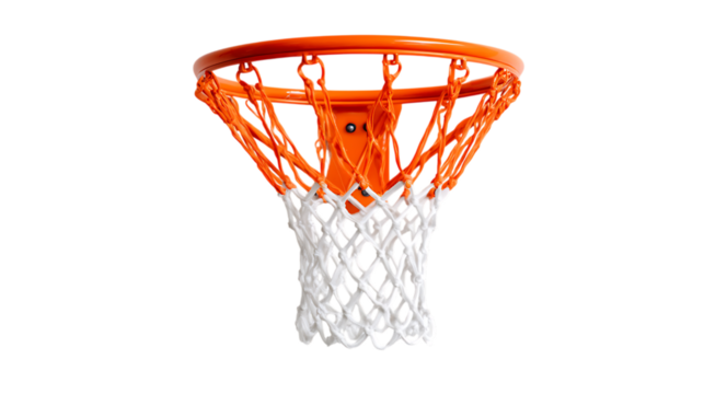 Orange basketball hoop with white net on transparent background.