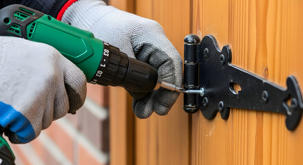 Skilled Rooftop Carpenter Working on Wooden Gate Hinge with Power Drill