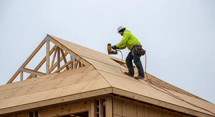 Skilled rooftop carpenter working on new house construction, installing plywood with a nail gun against a clear sky.
