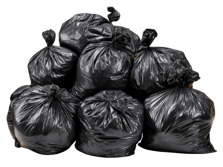 Pile of garbage bags: A collection of black garbage bags, filled and knotted, ready for disposal, signifying waste, refuse, and the need for responsible waste management. 