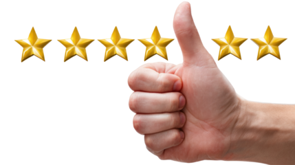 Thumbs Up with Gold Star: A hand giving the thumbs-up sign of approval alongside a row of shimmering gold stars. A visual representation of excellence, positive feedback, and high ratings.