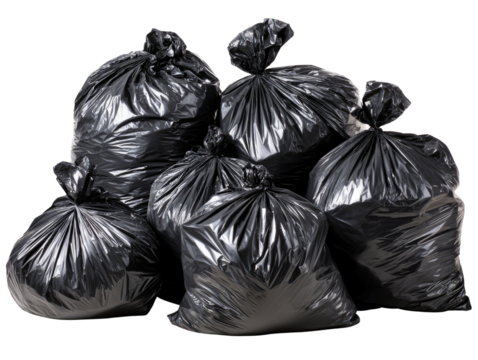 Discarded Waste: A collection of tightly-sealed, black trash bags, symbolizing the volume of daily waste disposal, are captured in a clean, studio-style presentation.