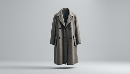 Elegant, long, double-breasted overcoat floats against a soft gray backdrop in studio lighting.