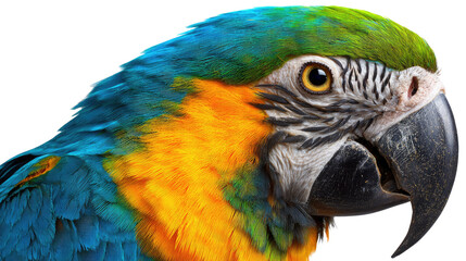 Obraz premium Vibrant Macaw Portrait: A close-up shot captures the exotic beauty of a macaw, showcasing its stunning blend of colorful feathers, a powerful beak, and a captivating eye.