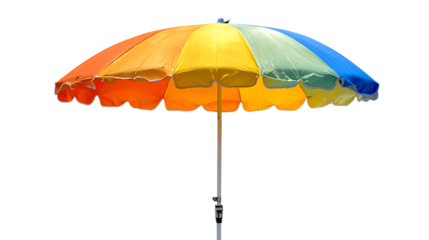 Colorful beach umbrella with multiple panels on transparent background.