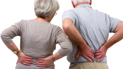 Agony of Aching Backs: An older couple, backs to the camera, touch their lower backs, suggesting physical discomfort. Their posture conveys a sense of pain and distress. 
