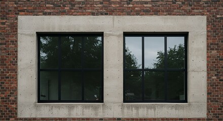 Two modern square windows set in concrete, reflecting a lush green treelined landscape outside.