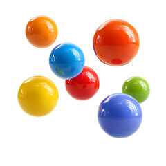 Colorful floating spheres in blue, orange, pink on transparent background.