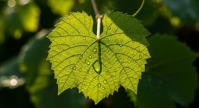 A single green leaf with water droplets illuminated against a dark and blurred background outside view