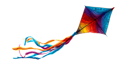 Bright colorful kite flying with tail on transparent background.