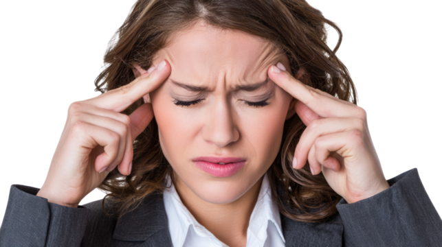 Frustration Personified: A woman, eyes closed and furrowed brow, embodies the pressures of stress, capturing the essence of emotional strain and intense concentration.