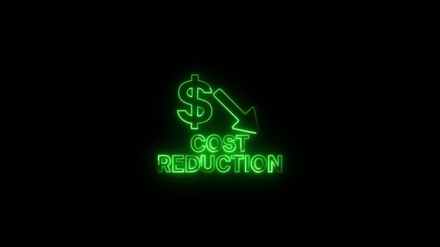 neon glowing cost reduction icon with dollar sign and downward arrow, symbolizing savings, budgeting, and efficiency, perfect for finance, business strategy, and economic management visuals.