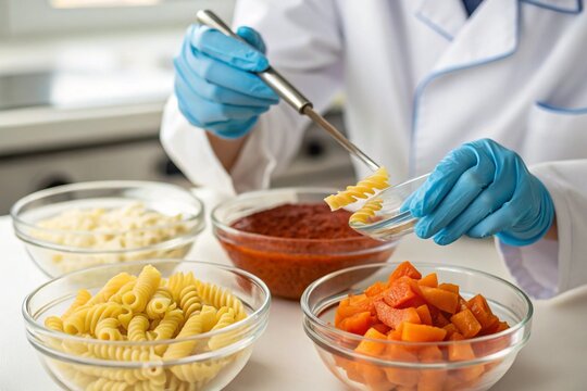Scientist conducting food sample testing and analysis in laboratory. Research and quality control of healthy ingredients like pasta, grains, juice. Food safety and nutrition study.