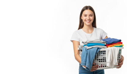 A happy young woman smiles while holding a large laundry basket full of clean, folded clothes. White background with copy space