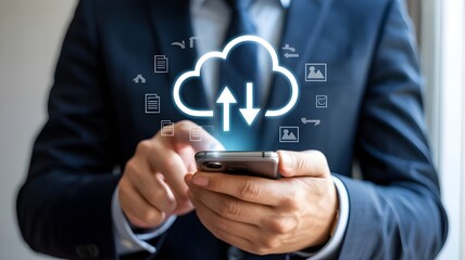 Businessman using smartphone with cloud computing icons for data upload and download storage technology