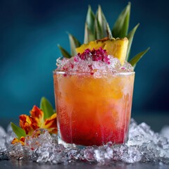 Colorful Cocktail with Pineapple and Ice on Blue Background