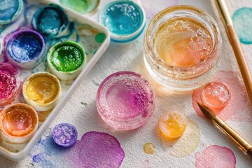 Vibrant Watercolor Art Supplies Featuring Multicolored Palettes, Glittering Containers, and Paintbrush on a Bright Artistic Background