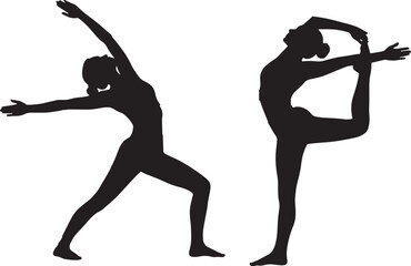 Two women performing yoga poses in silhouette, showcasing flexibility and balance, isolated on a white background
