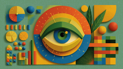 Fototapeta premium Visionary Composition: A captivating abstract illustration with a central eye motif, representing insight and perception, surrounded by vibrant geometric shapes and elements.