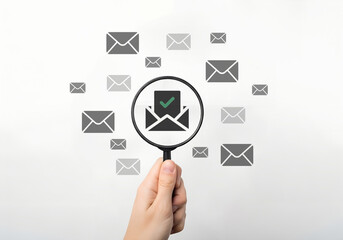 Hand holds magnifying glass over email icon with check mark for successful delivery and inbox management