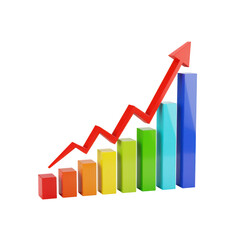 Colorful bar graph with upward trending red arrow isolated on transparent background