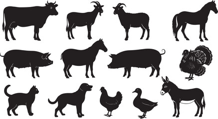 Collection of farm animal silhouettes isolated on a white background
