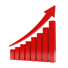 Red 3d bar chart with upward trend arrow isolated on transparent background