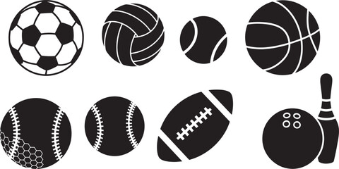Fototapeta premium Assortment of sports balls and bowling pins silhouette icon set flat vector illustration design isolated on a white background.