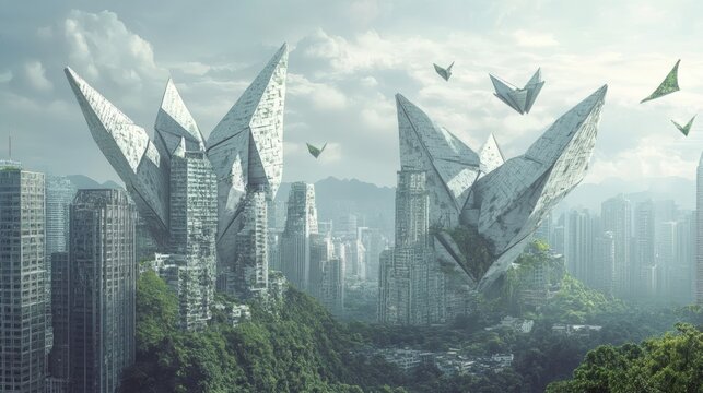 A futuristic cityscape features towering structures resembling origami, surrounded by lush greenery and flying paper cranes, blending nature with modern architecture.