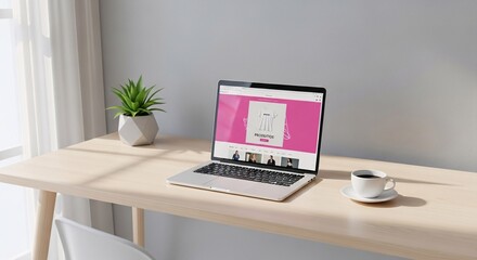 Fototapeta premium Laptop on desk with pink screen, plant, and coffee cup in a bright, minimalist workspace setting indoors
