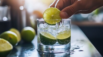 Hand placing lime slice in a glass of bubbly drink