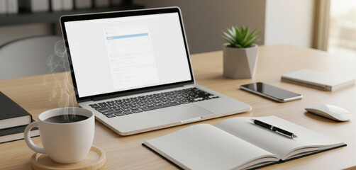 Fototapeta premium A modern and clean workspace with a laptop, a notebook, a smartphone, and a steaming cup of coffee on a wooden desk.