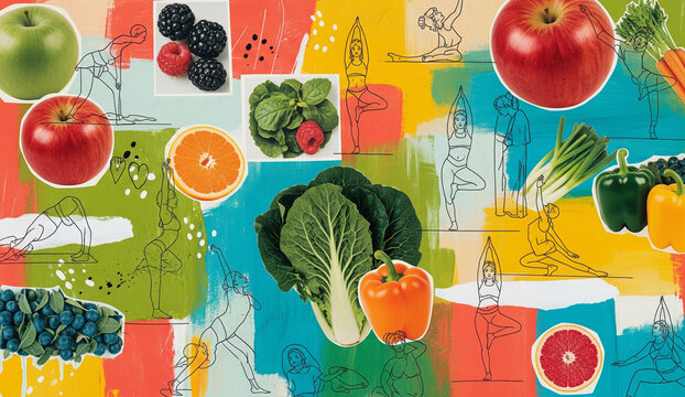 A creative collage combining hand-drawn yoga poses with vibrant, cut-out images of fresh fruits and vegetables. The image represents a holistic approach to health, - Powered by Adobe