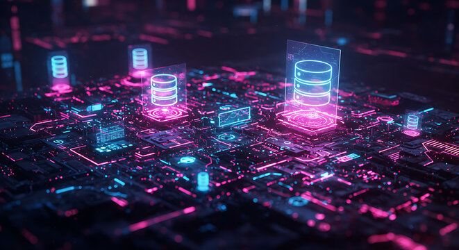 Futuristic neon glowing database servers on a high-tech circuit board. A concept for big data, cloud computing, and information technology.