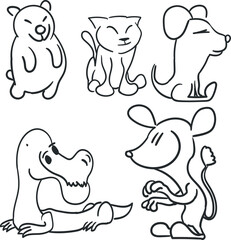 A set of drawn cartoon animals. Among the animals there is a bear, a mouse, a dog, a crocodile.