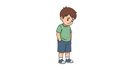 Obraz premium Vector illustration of a little boy looking sad and unhappy. A lonely child with a melancholic expression isolated on a white background.