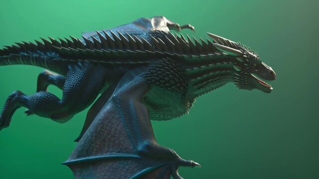 A detailed dragon with wings outstretched flying against a solid green colored background scene view green screen animal video