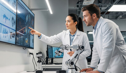 Two young engineers, a man and a woman, are working together in a modern lab, using a digital tablet to control a robotic arm. They are focused and collaborating on a high-tech project.
