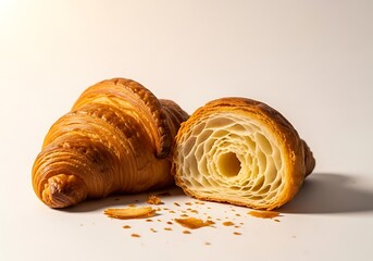 Golden brown flaky croissant, cut in half to show the buttery layers, isolated on a clean white background.