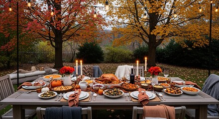 Outdoor thanksgiving dinner table setting with turkey and fall foliage in the background scene outdoors