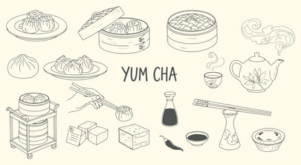 Yum Cha Dim Sum Icon Set. A hand drawn vector illustration of traditional Cantonese food and tea. A doodle clipart of a steamer, shumai, and teapot for a restaurant menu and tea house design.