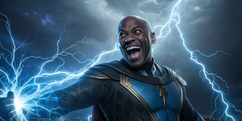 Hero stands triumphantly with lightning crackling around in a dramatic stormy sky