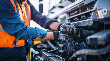 Hydraulic repairman working on hydraulic systems, using tools like gauges and wrenches to check hoses and valves, inspecting fluid levels and pumps, wearing safety gloves and a uniform in an industria