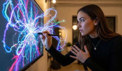 A talented female digital artist is focused on her work, using a pen tablet to create a vibrant, abstract light pattern on a large monitor. The image captures the creative process and modern artistic