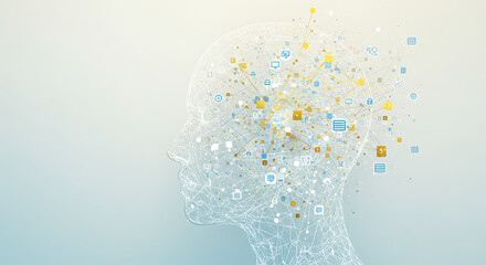 Conceptual visualization of a digital mind, with a network of data particles forming a human head. A futuristic concept of artificial intelligence.