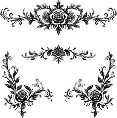 Ornate Vintage Rose Floral Dividers in Black and White
