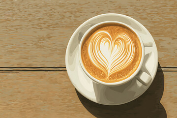 Heart-shaped latte art in a white cup on a wooden table, with a cozy cafe atmosphere