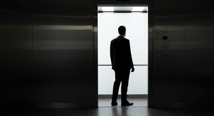 Professional businessman stands confidently in a modern elevator, bathed in bright light, symbolizing opportunity and advancement in career journey