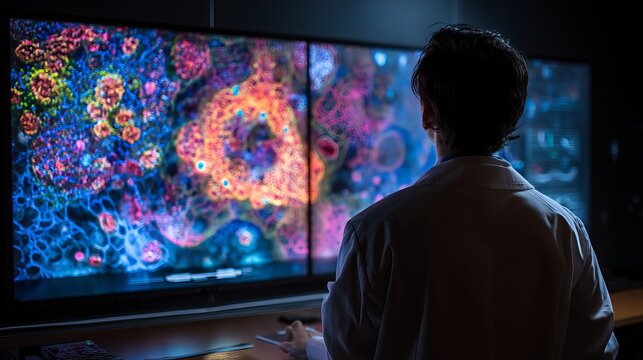 Male scientist in lab coat analyzes vibrant cellular data on large screens. - Powered by Adobe