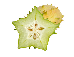 Fototapeta premium Vibrant kiwano melon sliced revealing juicy interior, showcasing exotic healthy tropical fruit for culinary inspiration